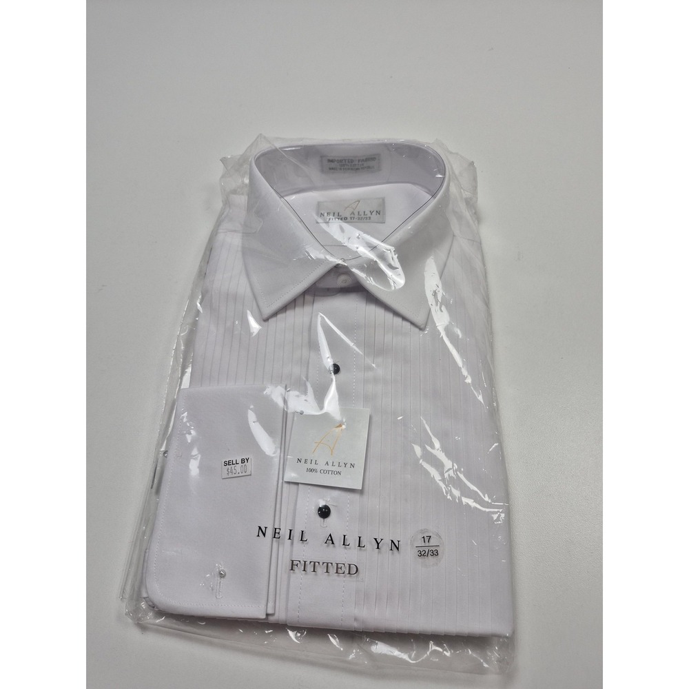 Neil Allyn Dress Shirt Mens 17 32/33 White Fitted French Cuff Pleated Tuxedo